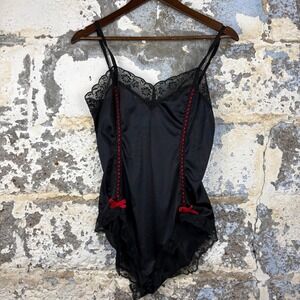 Vintage 80's Nan Flower Black Lace Bodysuit Red Bows Nylon Teddy Medium
